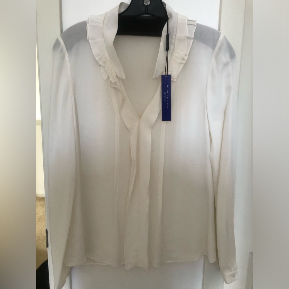 Elie Tahari ruffle front 100% silk shirt, white,NWT, size xs